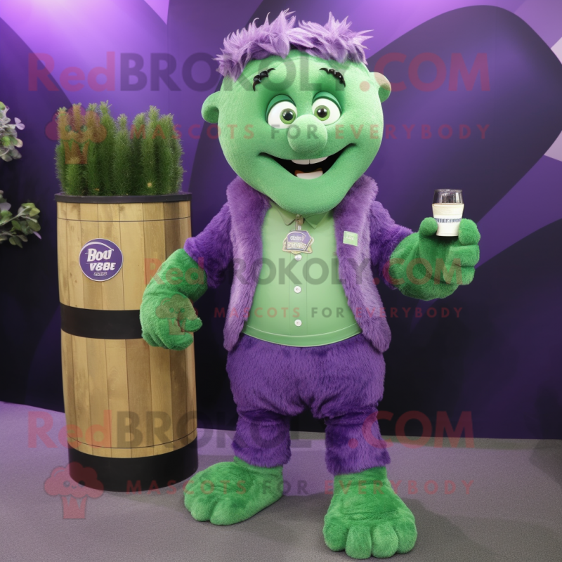 Purple Green Beer mascot costume character dressed with a Trousers and Brooches