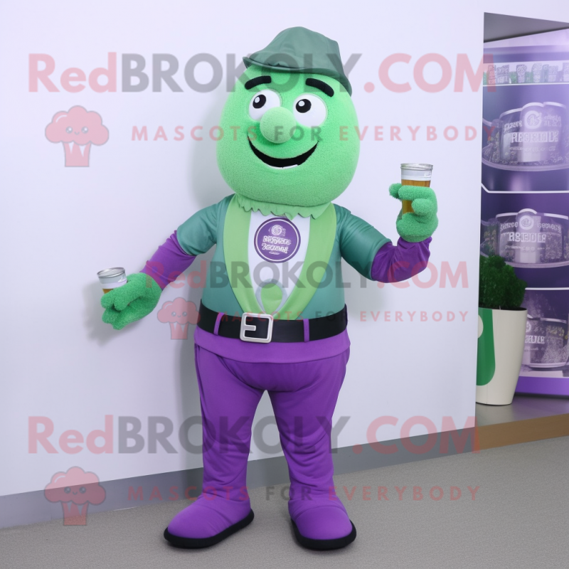 Purple Green Beer mascot costume character dressed with a Trousers and Brooches