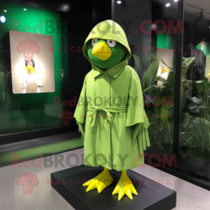 Green Canary mascot costume character dressed with a Raincoat and Shoe clips