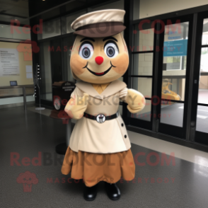 Tan Hourglass mascot costume character dressed with a Skirt and Berets