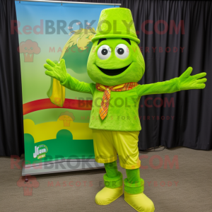 Lime Green Jambalaya mascot costume character dressed with a Shift Dress and Pocket squares