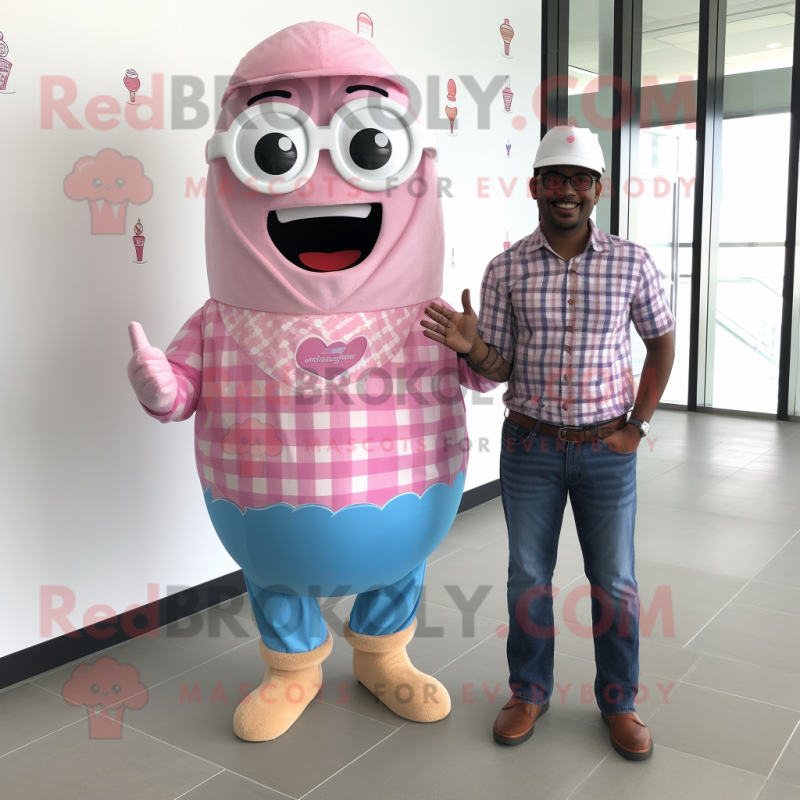 Pink Ice Cream mascot costume character dressed with a Chambray Shirt and Wraps