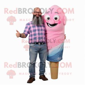 Pink Ice Cream mascot costume character dressed with a Chambray Shirt and Wraps