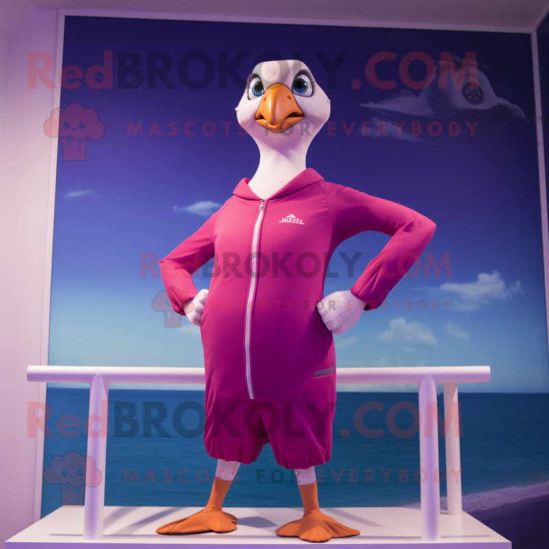 Magenta Gull mascot costume character dressed with a One-Piece Swimsuit and Lapel pins