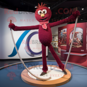 Maroon Tightrope Walker mascot costume character dressed with a Skinny Jeans and Shawl pins