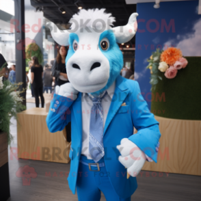 Sky Blue Goat mascot costume character dressed with a Suit Jacket and Headbands