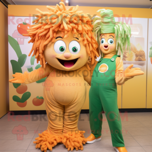 Peach Pesto Pasta mascot costume character dressed with a Jumpsuit and Hair clips