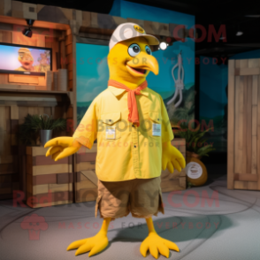 Yellow Gull mascot costume character dressed with a Cargo Shorts and Headbands