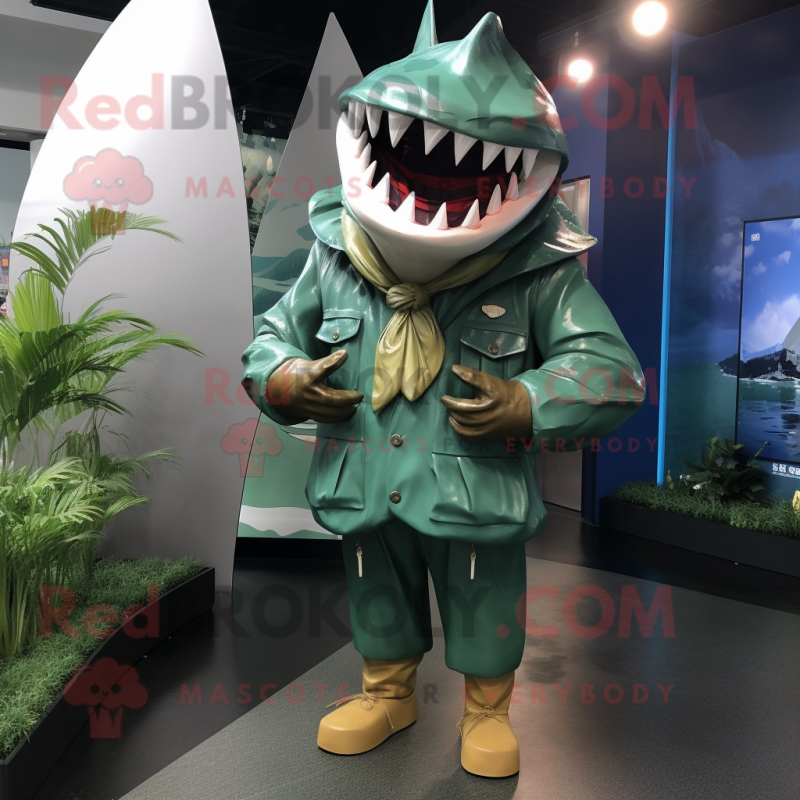 Green Megalodon mascot costume character dressed with a Raincoat and Hat pins