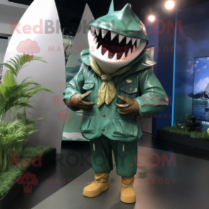 Green Megalodon mascot costume character dressed with a Raincoat and Hat pins