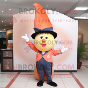 Peach Magician mascot costume character dressed with a Flare Jeans and Berets
