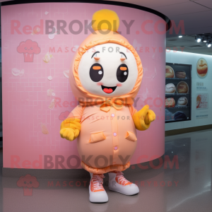 Peach Dim Sum mascot costume character dressed with a Sweatshirt and Shoe laces