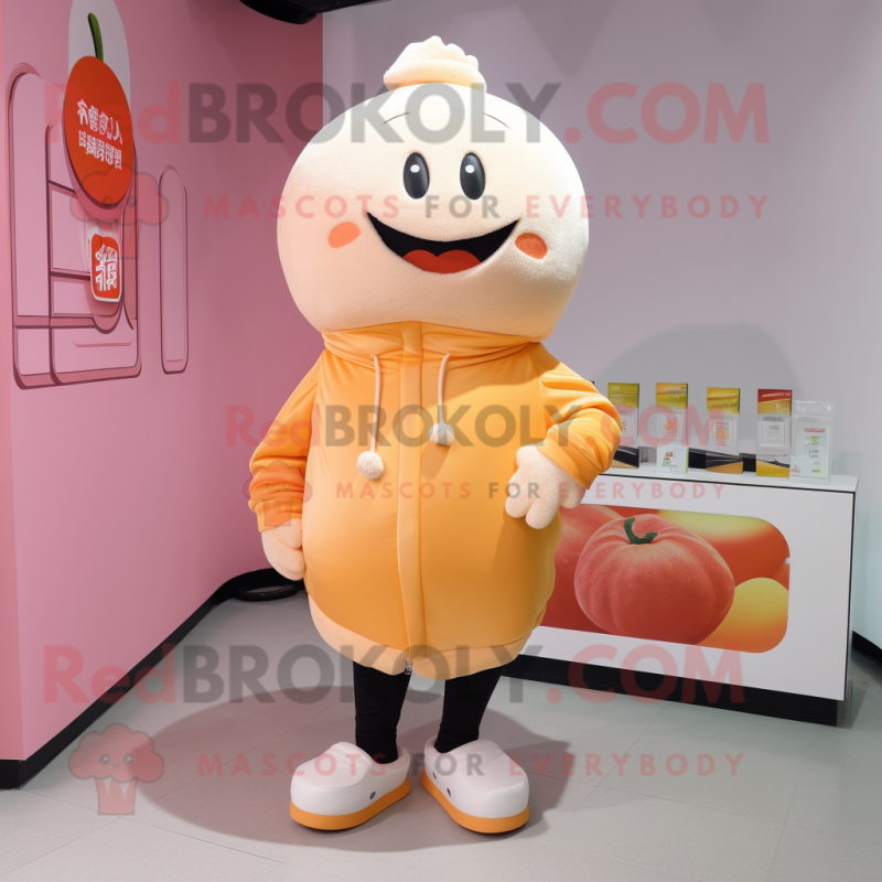 Peach Dim Sum mascot costume character dressed with a Sweatshirt and Shoe laces
