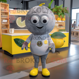 Gray Lemon mascot costume character dressed with a T-Shirt and Earrings