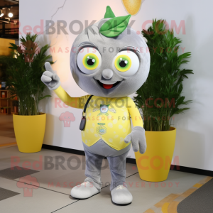 Gray Lemon mascot costume character dressed with a T-Shirt and Earrings