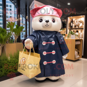 Navy Dim Sum mascot costume character dressed with a Raincoat and Tote bags