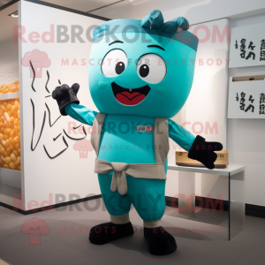 Turquoise Miso Soup mascot costume character dressed with a Trousers and Suspenders