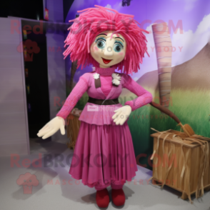 Magenta Scarecrow mascot costume character dressed with a Pencil Skirt and Anklets