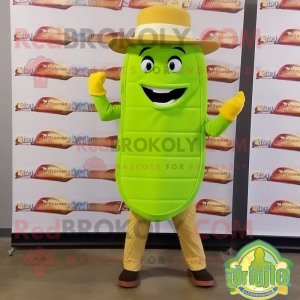 Lime Green Grilled Cheese Sandwich mascot costume character dressed with a Sheath Dress and Hat pins