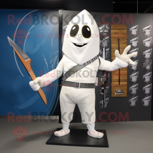 White Knife Thrower mascot costume character dressed with a Vest and Shawl pins