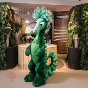 Forest Green Seahorse mascot costume character dressed with a Midi Dress and Rings