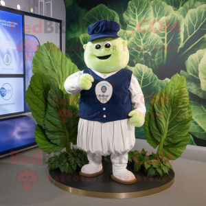 Navy Cabbage Leaf mascot costume character dressed with a Henley Shirt and Bracelet watches