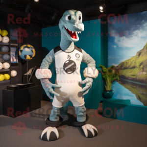 Silver Loch Ness Monster mascot costume character dressed with a Rugby Shirt and Suspenders