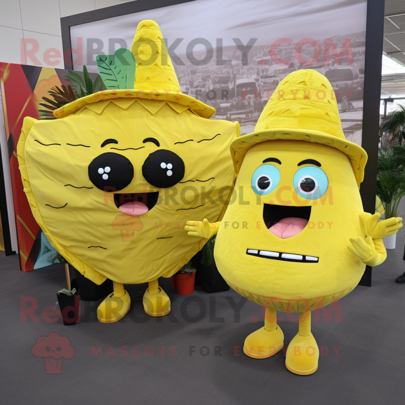 Lemon Yellow Tacos mascot costume character dressed with a Jumpsuit and Handbags