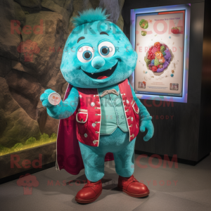 Turquoise Raspberry mascot costume character dressed with a Vest and Coin purses