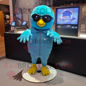 Sky Blue Canary mascot costume character dressed with a Shorts and Smartwatches