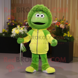 Lime Green Bouquet Of Flowers mascot costume character dressed with a Hoodie and Shoe clips