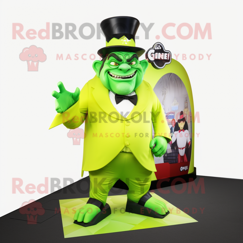 Lime Green Ogre mascot costume character dressed with a Tuxedo and Hats