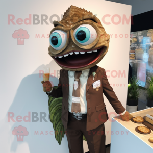 Brown Fish Tacos mascot costume character dressed with a Blazer and Lapel pins