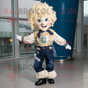 Cream Irish Dancer mascot costume character dressed with a Jeans and Scarf clips