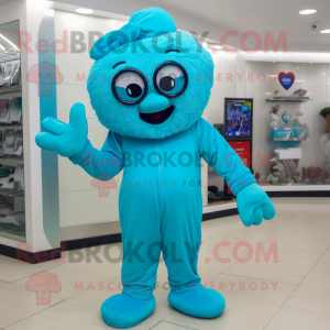 Cyan Heart mascot costume character dressed with a Jumpsuit and Eyeglasses