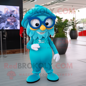 Cyan Heart mascot costume character dressed with a Jumpsuit and Eyeglasses