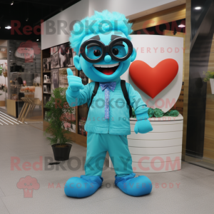 Cyan Heart mascot costume character dressed with a Jumpsuit and Eyeglasses