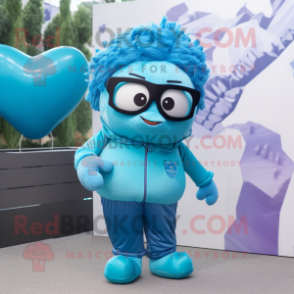 Cyan Heart mascot costume character dressed with a Jumpsuit and Eyeglasses