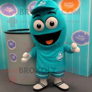 Teal Scented Candle mascot costume character dressed with a Board Shorts and Rings