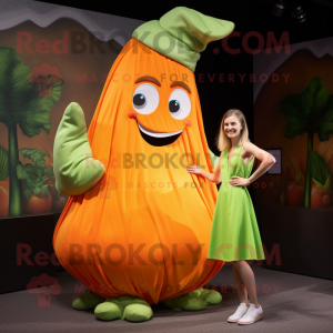 Orange Beanstalk mascot costume character dressed with a Pleated Skirt and Watches