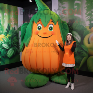 Orange Beanstalk mascot costume character dressed with a Pleated Skirt and Watches