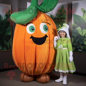 Orange Beanstalk mascot costume character dressed with a Pleated Skirt and Watches
