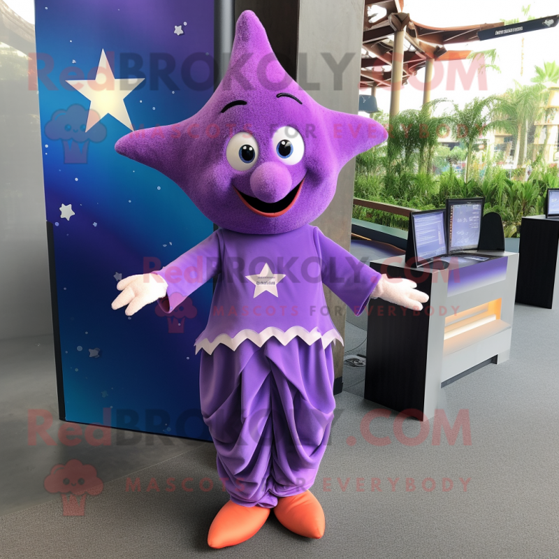 Purple Starfish mascot costume character dressed with a A-Line Skirt and Hairpins