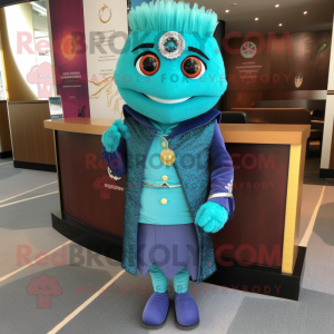 Turquoise Queen mascot costume character dressed with a Suit Jacket and Scarves