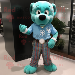 Sky Blue Four Leaf Clover mascot costume character dressed with a Flannel Shirt and Bracelet watches