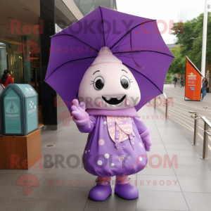 Purple Ice Cream Cone mascot costume character dressed with a Raincoat and Handbags