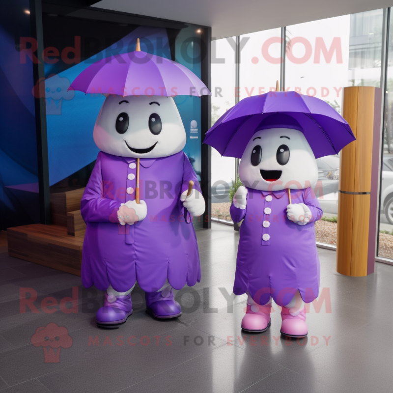 Purple Ice Cream Cone mascot costume character dressed with a Raincoat and Handbags