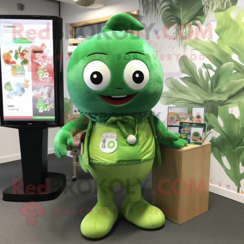 Forest Green Miso Soup mascot costume character dressed with a Playsuit and Keychains