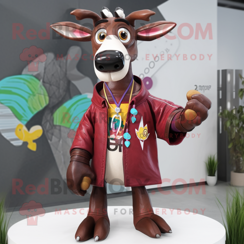 Maroon Okapi mascot costume character dressed with a Raincoat and Brooches