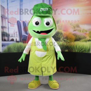 Lime Green Ceviche mascot costume character dressed with a Oxford Shirt and Shoe laces